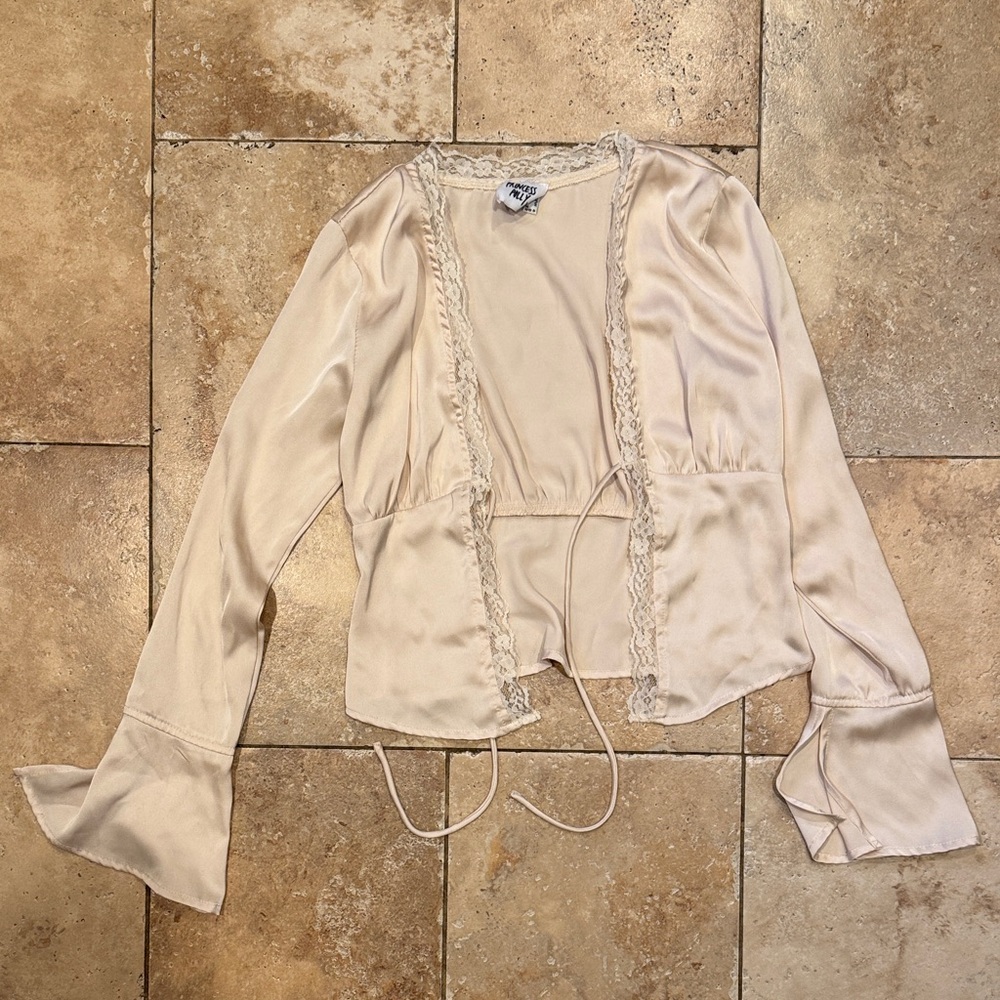 Princess Polly Cream Satin Blouse with Lace Trim - size 0